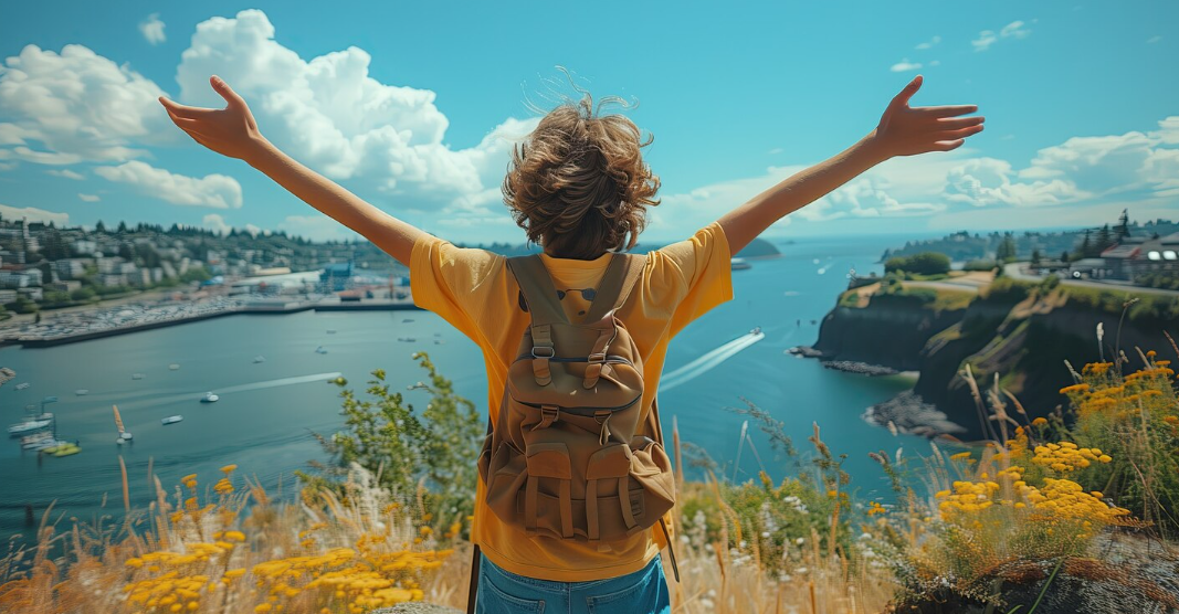 Personne avec un sac à dos admirant un paysage côtier.